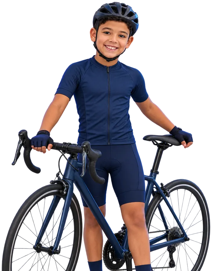 Garoto de capacete ao lado da bicicleta