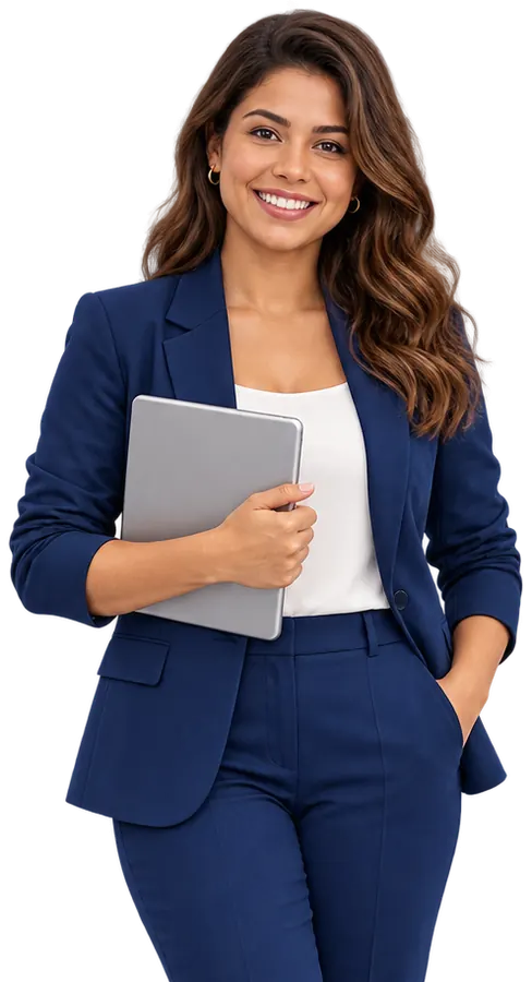 Empresária sorridente segurando um tablet