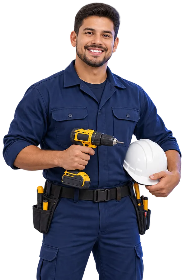 Técnico sorridente com furadeira e capacete