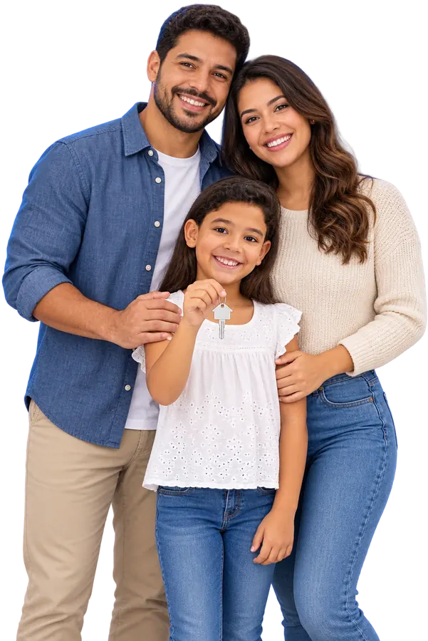 Família sorridente com a filha segurando a chave de casa