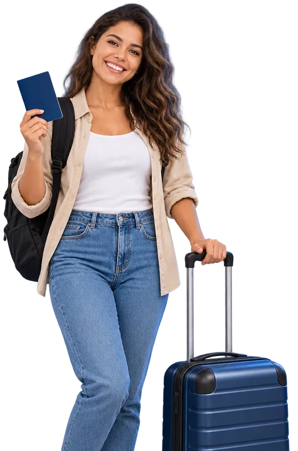 Mulher sorridente com passaporte, mochila e mala de viagem